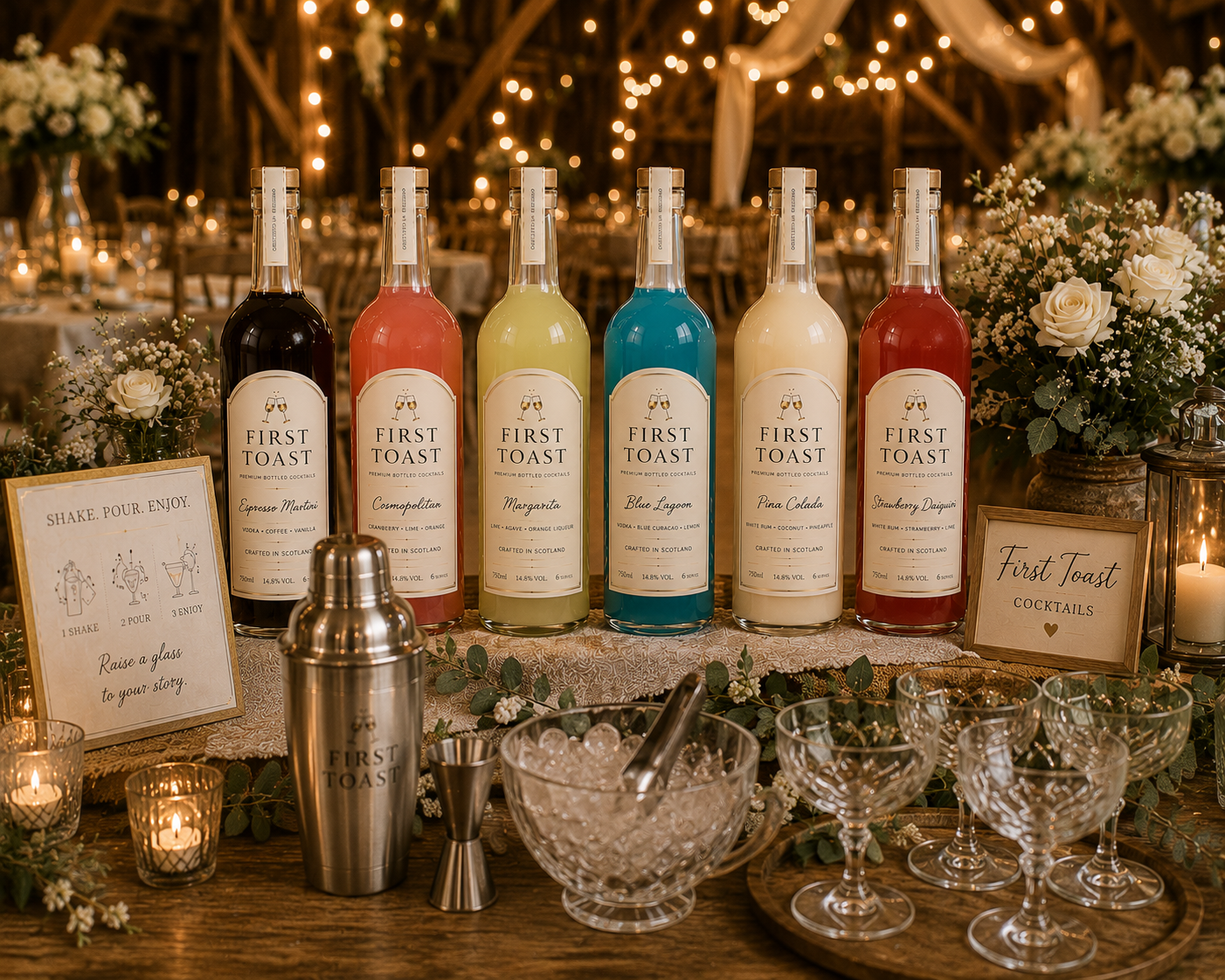 Elegant bottled cocktails styled on a candlelit wedding tablescape
