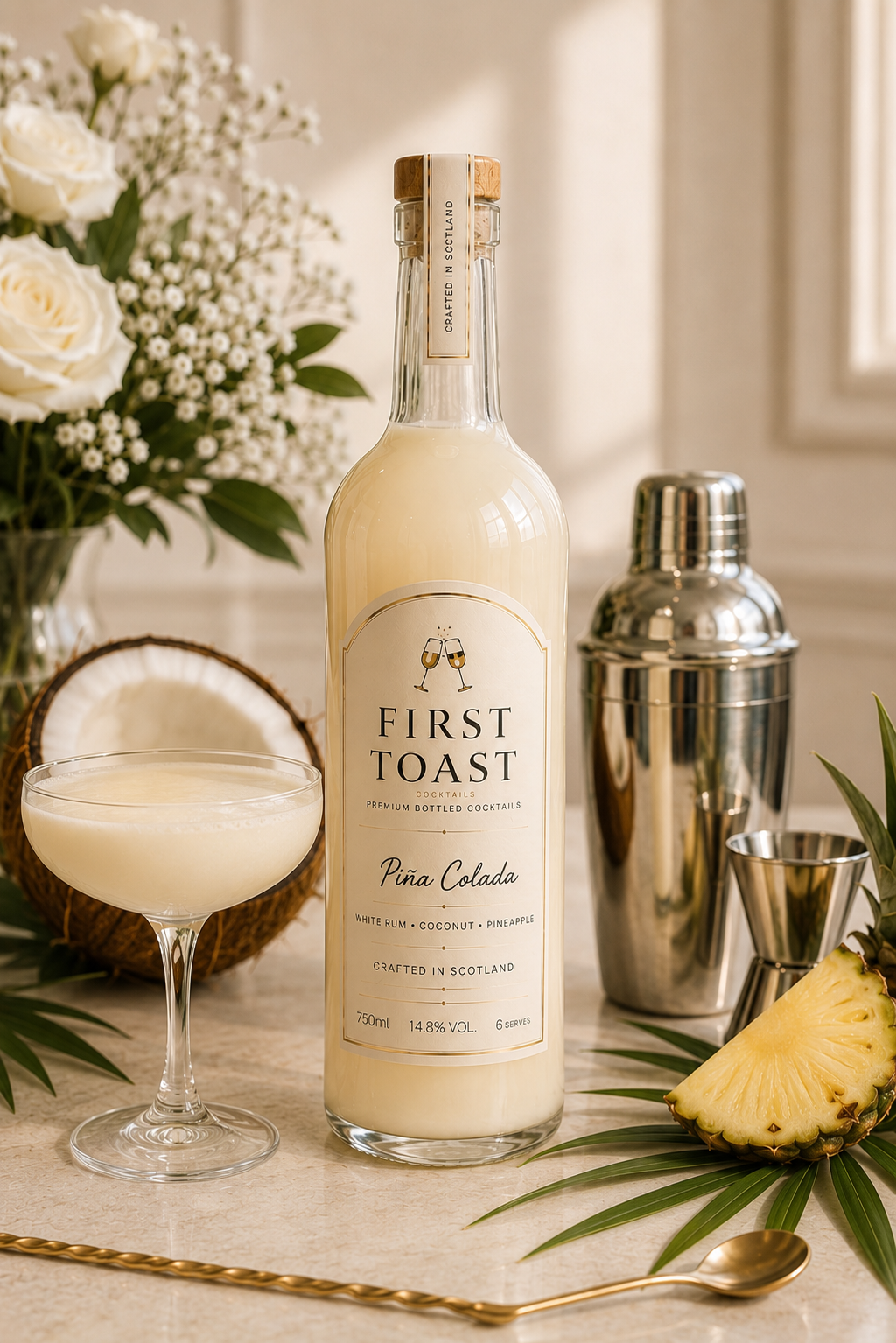 First Toast Piña Colada bottle with a finished cocktail