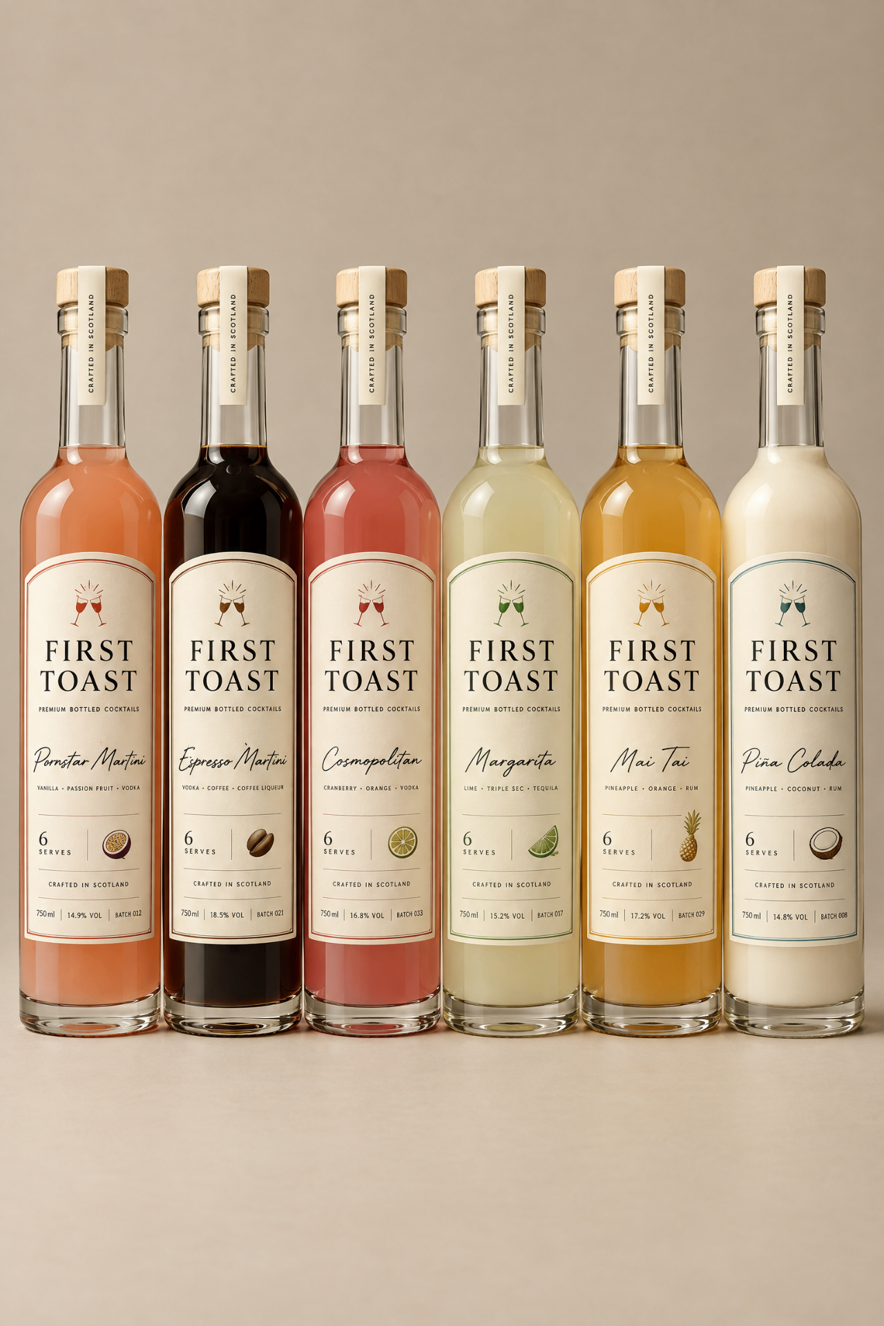 Six genuine First Toast bottled cocktails lined up together