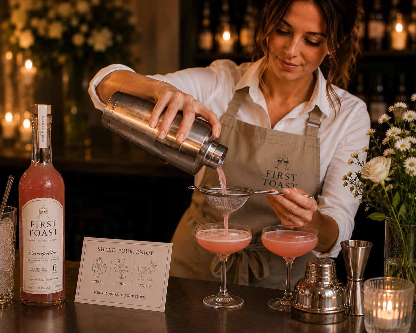 A First Toast bartender pouring fresh cocktails into coupe glasses