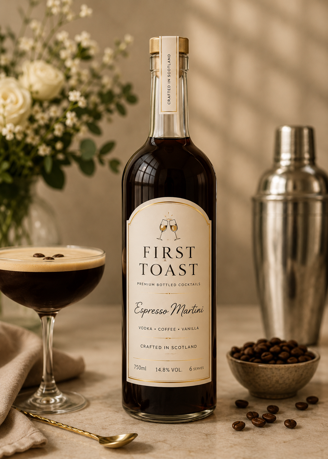 First Toast Espresso Martini bottle with a finished cocktail