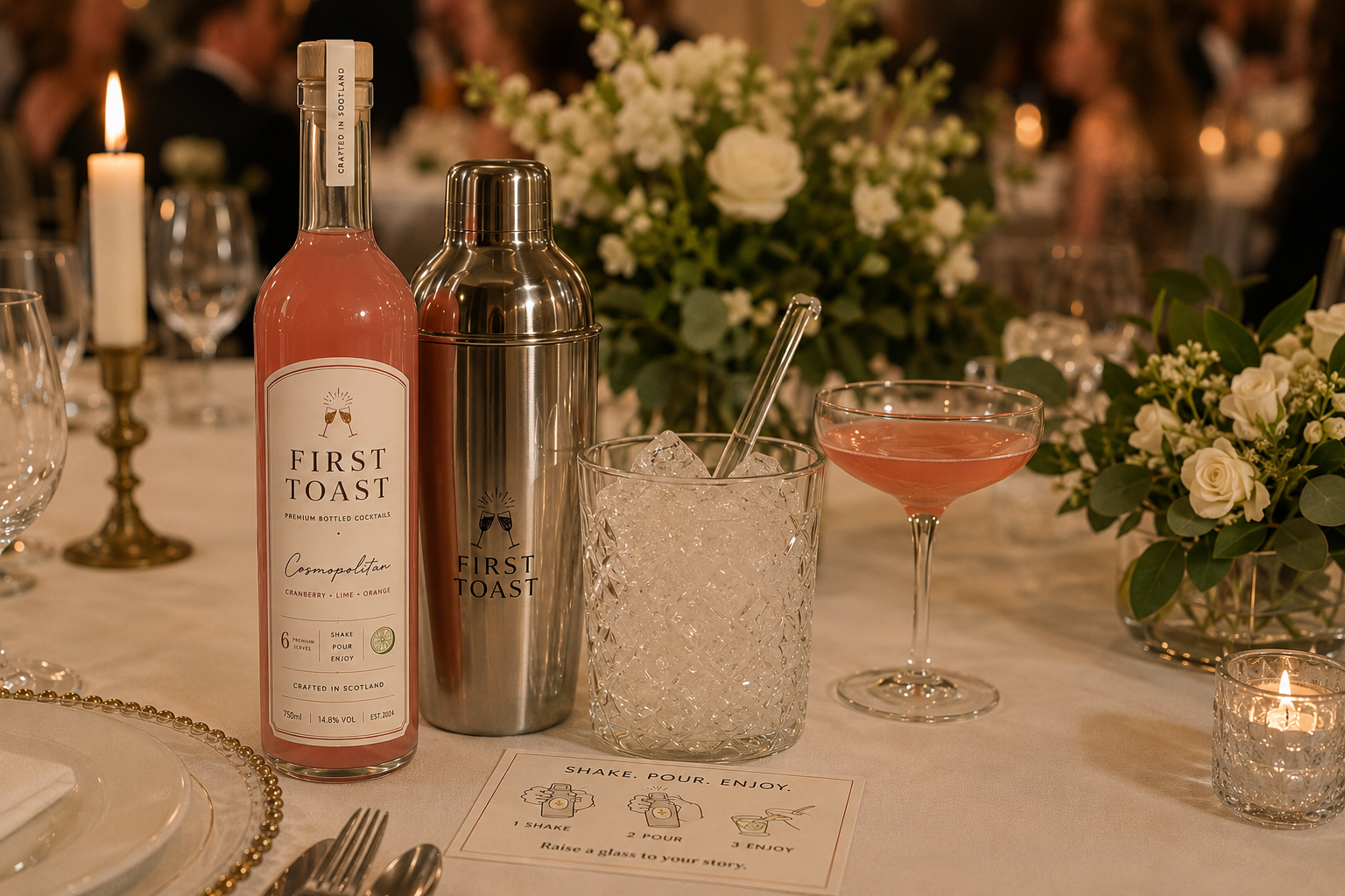 A First Toast bottled cocktail set on a dressed venue table with glassware