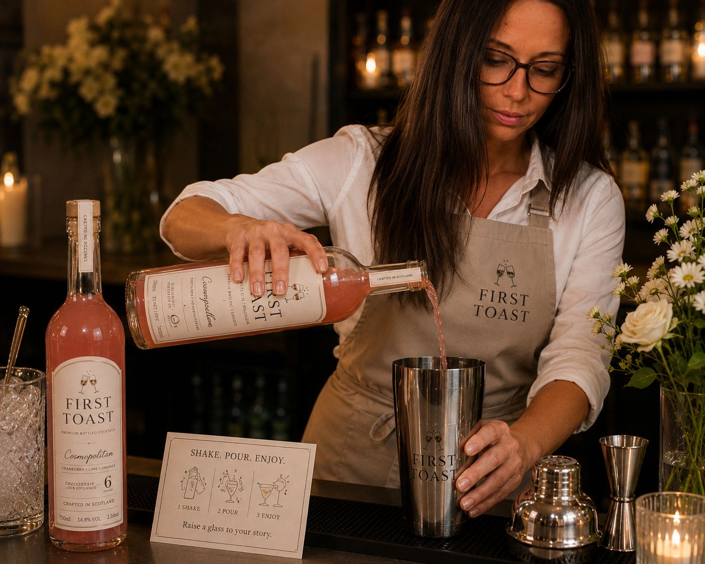 A First Toast mixologist pouring from a shaker at an Ayrshire cocktail masterclass